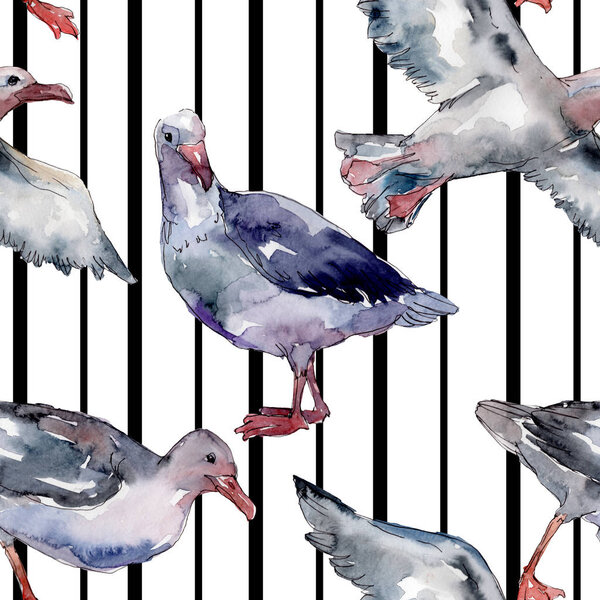 Sky bird seagull in a wildlife. Wild freedom, bird with a flying wings. Watercolor illustration set. Watercolour drawing fashion aquarelle. Seamless background pattern. Fabric wallpaper print texture.