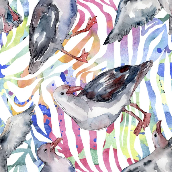 Sky bird seagull in a wildlife. Wild freedom, bird with a flying wings. Watercolor illustration set. Watercolour drawing fashion aquarelle. Seamless background pattern. Fabric wallpaper print texture.