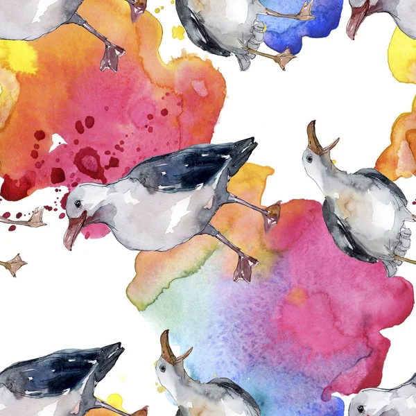 野生鸟类海鸥 野生自由 有飞翔翅膀的鸟 水彩插图集 水彩画时尚水瓶座 无缝的背景模式 织物壁纸打印纹理 — 图库照片