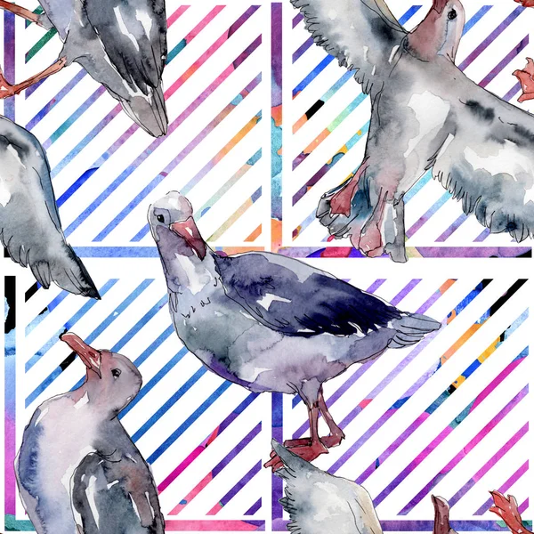 Sky bird seagull in a wildlife. Wild freedom, bird with a flying wings. Watercolor illustration set. Watercolour drawing fashion aquarelle. Seamless background pattern. Fabric wallpaper print texture.