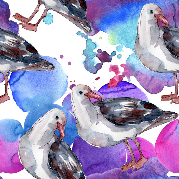 Sky bird seagull in a wildlife. Wild freedom, bird with a flying wings. Watercolor illustration set. Watercolour drawing fashion aquarelle. Seamless background pattern. Fabric wallpaper print texture.