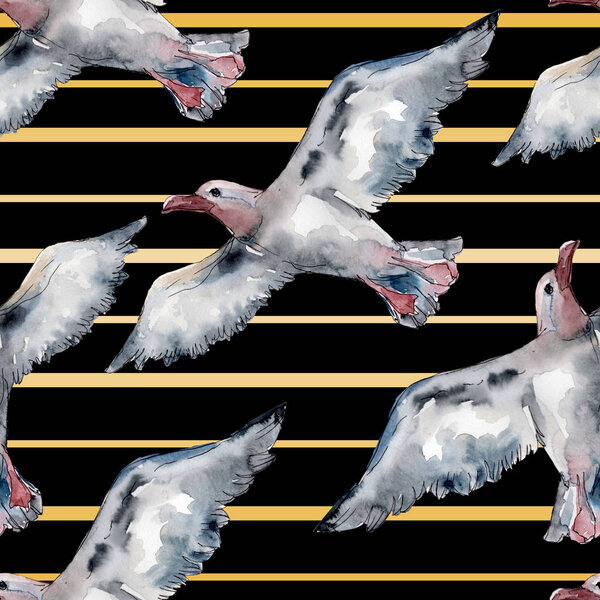 Sky bird seagull in a wildlife. Wild freedom, bird with a flying wings. Watercolor illustration set. Watercolour drawing fashion aquarelle. Seamless background pattern. Fabric wallpaper print texture.