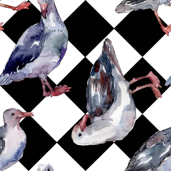 Sky bird seagull in a wildlife. Wild freedom, bird with a flying wings. Watercolor illustration set. Watercolour drawing fashion aquarelle. Seamless background pattern. Fabric wallpaper print texture.