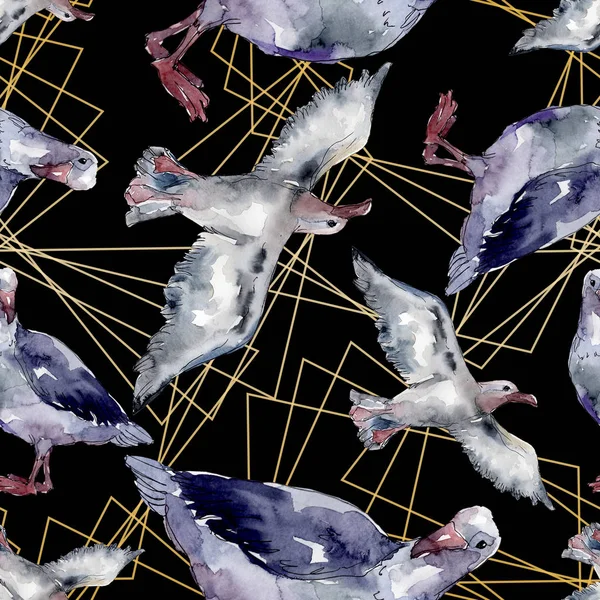Sky bird seagull in a wildlife. Wild freedom, bird with a flying wings. Watercolor illustration set. Watercolour drawing fashion aquarelle. Seamless background pattern. Fabric wallpaper print texture.