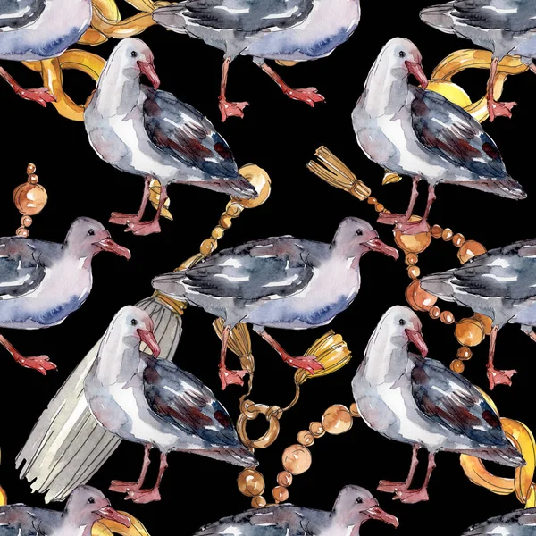 Sky bird seagull in a wildlife. Wild freedom, bird with a flying wings. Watercolor illustration set. Watercolour drawing fashion aquarelle. Seamless background pattern. Fabric wallpaper print texture.