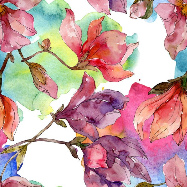 Camelia floral botanical flowers. Watercolor background illustration set. Seamless background pattern. Stock Photo