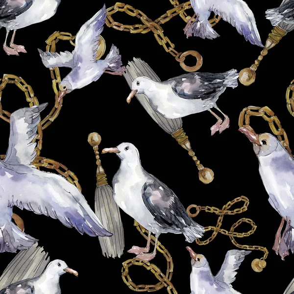 Sky bird seagull in a wildlife. Wild freedom, bird with a flying wings. Watercolor illustration set. Watercolour drawing fashion aquarelle. Seamless background pattern. Fabric wallpaper print texture. — Stock Image Sky Bird Seagull Wildlife Wild Freedom Bird Flying Wings Watercolor Royalty Free Stock Images