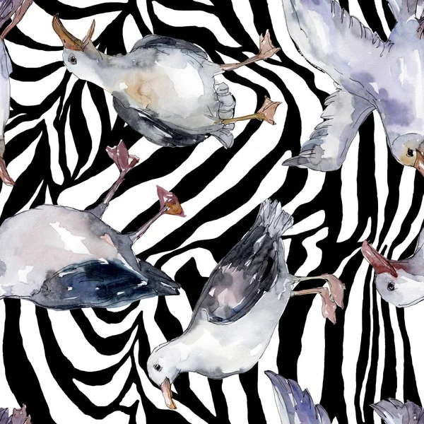 Sky bird seagull in a wildlife. Wild freedom, bird with a flying wings. Watercolor illustration set. Watercolour drawing fashion aquarelle. Seamless background pattern. Fabric wallpaper print texture. — Stock Image Sky Bird Seagull Wildlife Wild Freedom Bird Flying Wings Watercolor Stock Photo