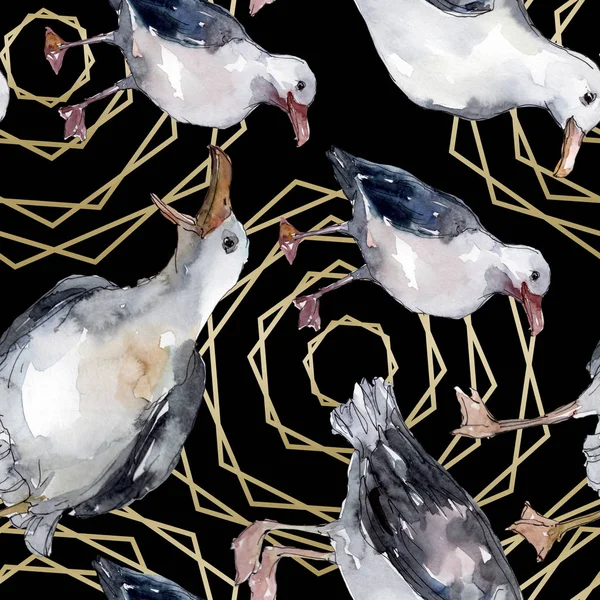 Sky bird seagull in a wildlife. Wild freedom, bird with a flying wings. Watercolor illustration set. Watercolour drawing fashion aquarelle. Seamless background pattern. Fabric wallpaper print texture. — Stock Image Sky Bird Seagull Wildlife Wild Freedom Bird Flying Wings Watercolor Stock Image
