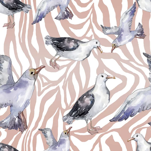 Sky bird seagull in a wildlife. Wild freedom, bird with a flying wings. Watercolor illustration set. Watercolour drawing fashion aquarelle. Seamless background pattern. Fabric wallpaper print texture. — Stock Image Sky Bird Seagull Wildlife Wild Freedom Bird Flying Wings Watercolor Royalty Free Stock Photos