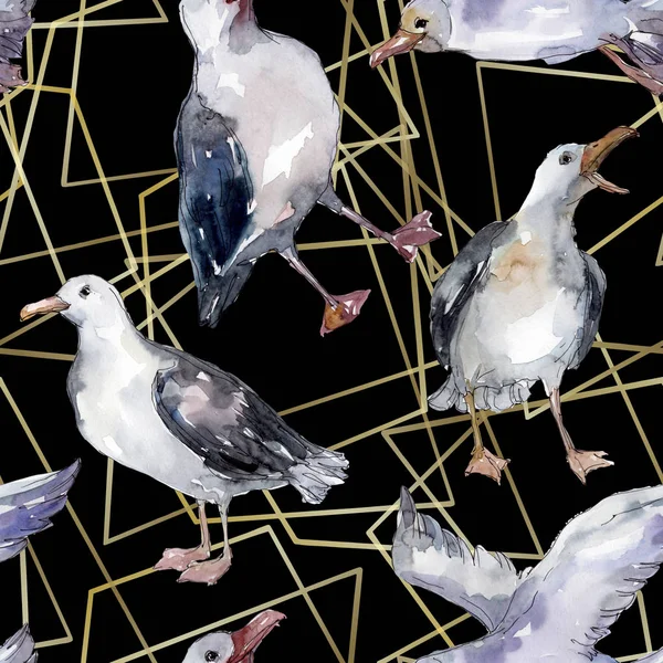Sky bird seagull in a wildlife. Wild freedom, bird with a flying wings. Watercolor illustration set. Watercolour drawing fashion aquarelle. Seamless background pattern. Fabric wallpaper print texture. — Stock Image Sky Bird Seagull Wildlife Wild Freedom Bird Flying Wings Watercolor Stock Image
