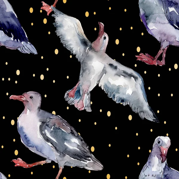 Sky bird seagull in a wildlife. Wild freedom, bird with a flying wings. Watercolor illustration set. Watercolour drawing fashion aquarelle. Seamless background pattern. Fabric wallpaper print texture. — Stock Image Sky Bird Seagull Wildlife Wild Freedom Bird Flying Wings Watercolor Stock Photo