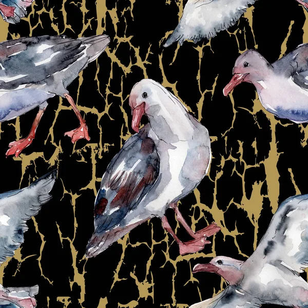 Sky bird seagull in a wildlife. Wild freedom, bird with a flying wings. Watercolor illustration set. Watercolour drawing fashion aquarelle. Seamless background pattern. Fabric wallpaper print texture. — Stock Image Sky Bird Seagull Wildlife Wild Freedom Bird Flying Wings Watercolor Royalty Free Stock Photos