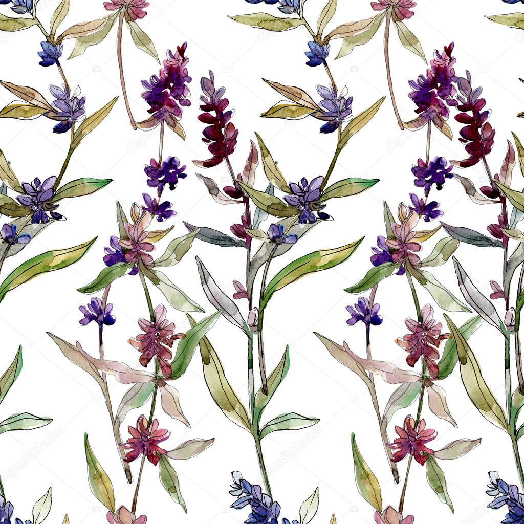 Purple lavender floral botanical flowers. Wild spring leaf wildflower. Watercolor illustration set. Watercolour drawing fashion aquarelle. Seamless background pattern. Fabric wallpaper print texture.