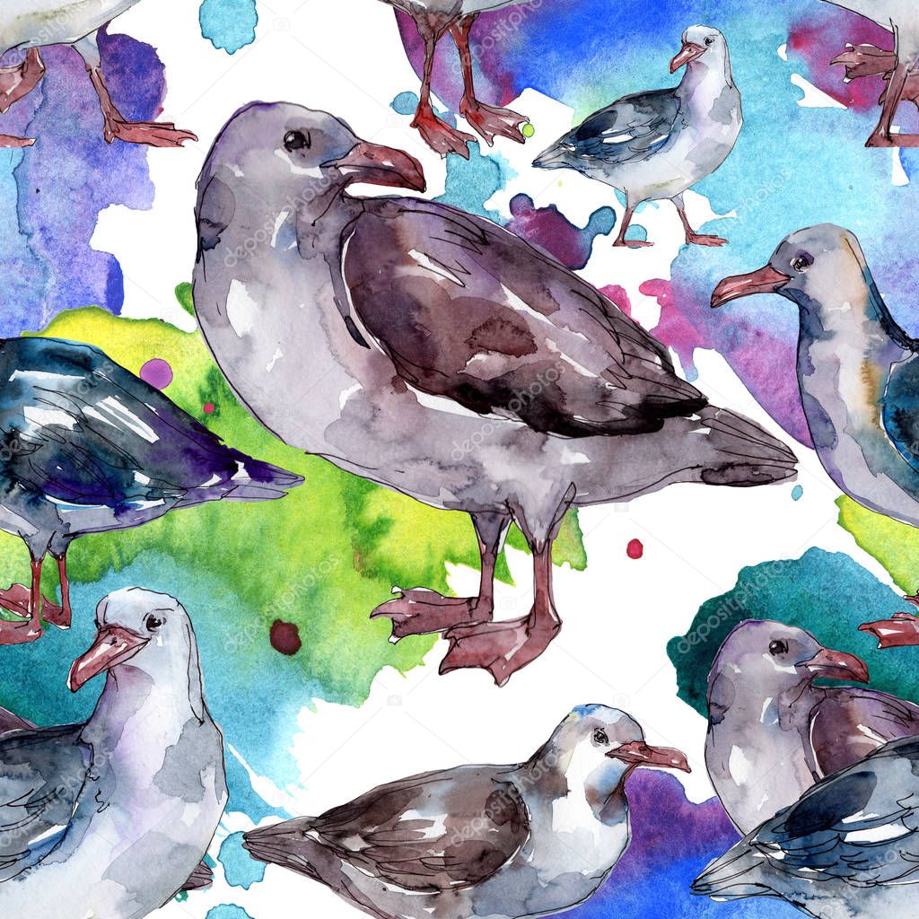 Sky bird seagull in a wildlife. Wild freedom, bird with a flying wings. Watercolor illustration set. Watercolour drawing fashion aquarelle. Seamless background pattern. Fabric wallpaper print texture.