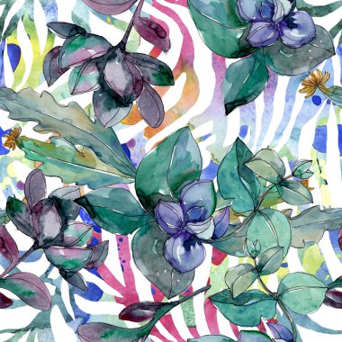 Sulu çiçek botanik çiçekleri. Yabani bahar yaprağı kır çiçeği. Suluboya illüstrasyon seti. Suluboya çizim moda aquarelle. Kusursuz arka plan deseni. Kumaş duvar kağıdı baskı doku.