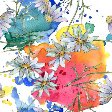 Kır çiçekleri çiçek botanik çiçekleri. Yabani bahar yaprağı kır çiçeği. Suluboya illüstrasyon seti. Suluboya çizim moda aquarelle. Kusursuz arka plan deseni. Kumaş duvar kağıdı baskı doku.