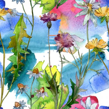 Kır çiçekleri çiçek botanik çiçekleri. Yabani bahar yaprağı kır çiçeği. Suluboya illüstrasyon seti. Suluboya çizim moda aquarelle. Kusursuz arka plan deseni. Kumaş duvar kağıdı baskı doku.