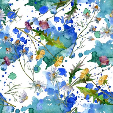 Kır çiçekleri çiçek botanik çiçekleri. Yabani bahar yaprağı kır çiçeği. Suluboya illüstrasyon seti. Suluboya çizim moda aquarelle. Kusursuz arka plan deseni. Kumaş duvar kağıdı baskı doku.
