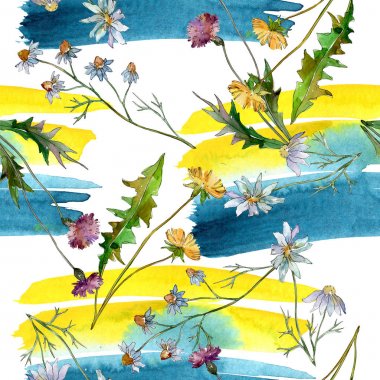 Kır çiçekleri çiçek botanik çiçekleri. Yabani bahar yaprağı kır çiçeği. Suluboya illüstrasyon seti. Suluboya çizim moda aquarelle. Kusursuz arka plan deseni. Kumaş duvar kağıdı baskı doku.