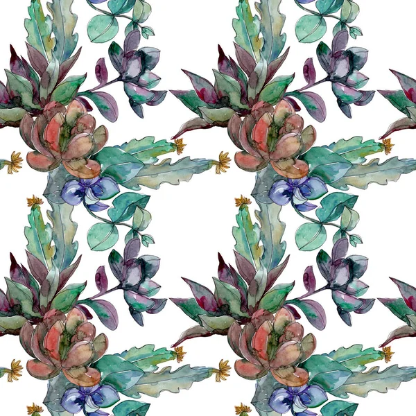 多肉植物の植物の花 野生の春の葉の野生の花 水彩イラストセット 水彩画ファッションアクアレル シームレスな背景パターン ファブリック壁紙プリントテクスチャ — ストック写真