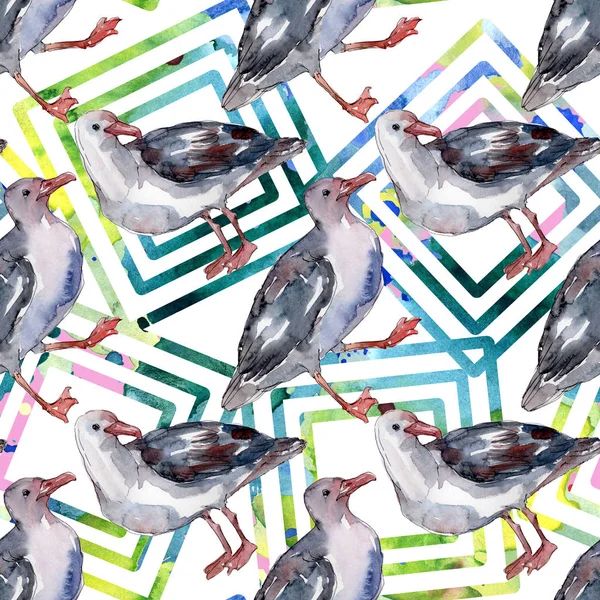 Sky bird seagull in a wildlife. Wild freedom, bird with a flying wings. Watercolor illustration set. Watercolour drawing fashion aquarelle. Seamless background pattern. Fabric wallpaper print texture.