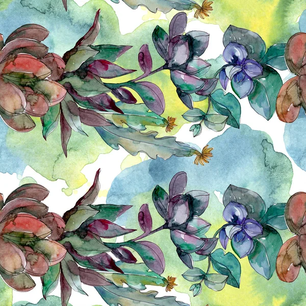 多肉植物の植物の花 野生の春の葉の野生の花 水彩イラストセット 水彩画ファッションアクアレル シームレスな背景パターン ファブリック壁紙プリントテクスチャ — ストック写真