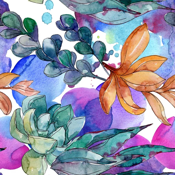 Succulents floral botanical flowers. Wild spring leaf wildflower. Watercolor illustration set. Watercolour drawing fashion aquarelle. Seamless background pattern. Fabric wallpaper print texture.