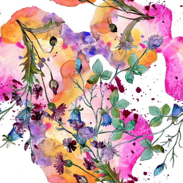 Wildflowers bloemen botanische bloemen. Aquarel achtergrond illustratie instellen. Naadloos achtergrond patroon. — Stockfoto