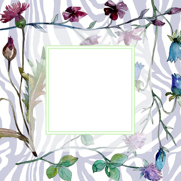 Flores silvestres flores botânicas florais. Conjunto de ilustração de fundo aquarela. Quadro borda ornamento quadrado . — Fotografia de Stock