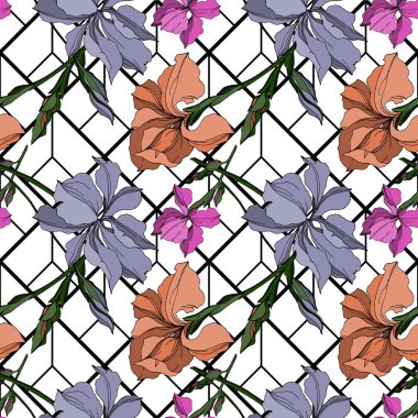 Vektör Iris çiçek botanik çiçekler. Siyah ve beyaz oyulmuş mürekkep sanatı. Kesintisiz arka plan deseni.