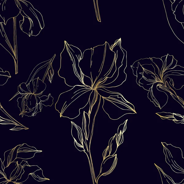 벡터 아이리스 꽃 식물 꽃입니다. 흑백 잉크 아트가 새겨져 있습니다. 원활한 배경 패턴. — 스톡 벡터