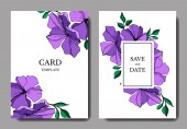 Vector Flax floral botanical flowers. Violet and green engraved ink art. Wedding background card decorative border.
