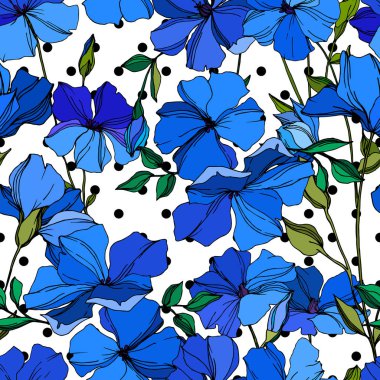 Vektör Keten çiçek botanik çiçekler. Mavi ve yeşil oyulmuş mürekkep sanatı. Kesintisiz arka plan deseni.