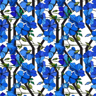 Vektör Keten çiçek botanik çiçekler. Mavi ve yeşil oyulmuş mürekkep sanatı. Kesintisiz arka plan deseni.