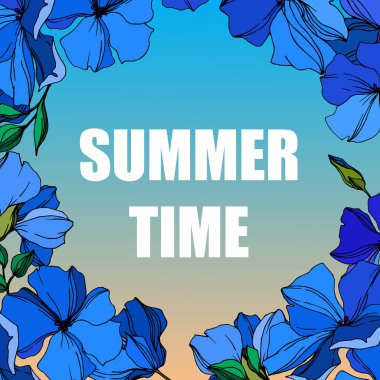 Vektör Keten çiçek botanik çiçekler. Mavi ve yeşil oyulmuş mürekkep sanatı. Çerçeve kenarlık süs karesi.