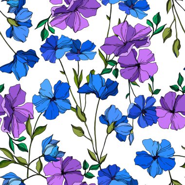 Vector Flax floral botanical flowers. Blue and violet engraved ink art. Seamless background pattern. clipart