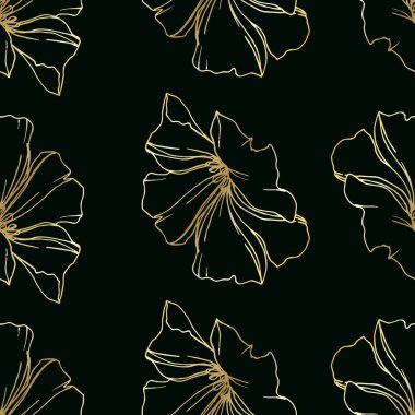 Vektör Keten çiçek botanik çiçekler. Siyah ve beyaz oyulmuş mürekkep sanatı. Kesintisiz arka plan deseni.