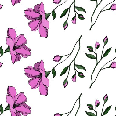 Vektör Keten çiçek botanik çiçekler. Siyah ve beyaz oyulmuş mürekkep sanatı. Kesintisiz arka plan deseni.