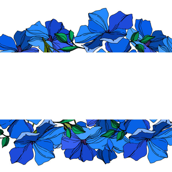 Vector Flax floral botanical flowers. Blue and green engraved ink art. Frame border ornament square.