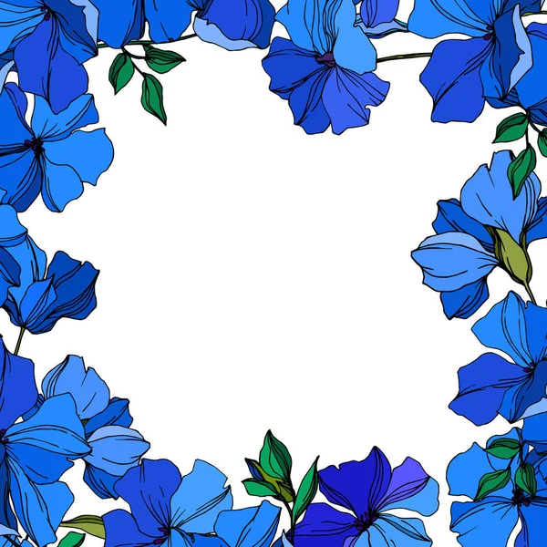Vektor Flachs florale botanische Blumen. blau und grün gravierte Tuschekunst. Rahmen Rand Ornament Quadrat. — Stockvektor