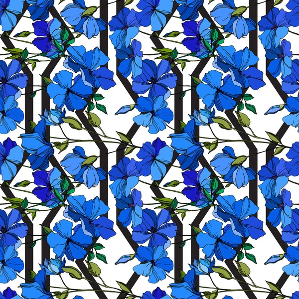 Vector vlas bloemen botanische bloemen. Blauwe en groene gegraveerde inkt kunst. Naadloos achtergrond patroon. — Stockvector