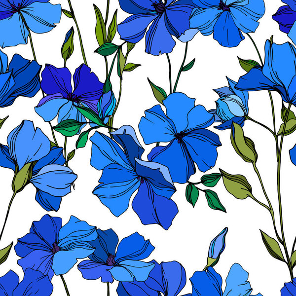 Vector Flax floral botanical flowers. Blue and green engraved ink art. Seamless background pattern.