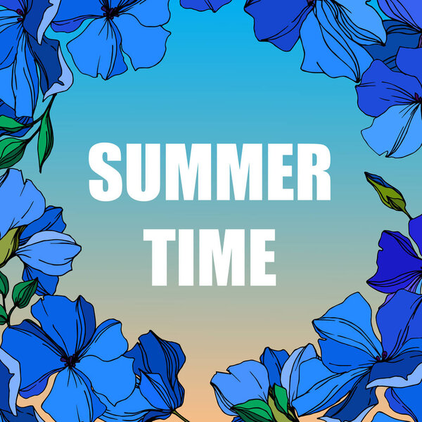 Vector Flax floral botanical flowers. Blue and green engraved ink art. Frame border ornament square.