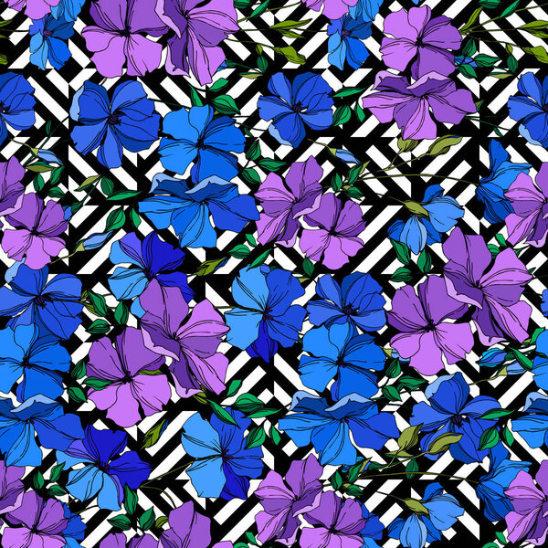 Vector Flax цветочные ботанические цветы. Синее и фиолетовое чернильное искусство. Бесшовный рисунок фона
.
