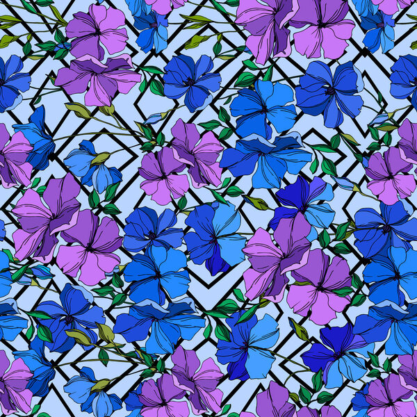 Vector Flax цветочные ботанические цветы. Синее и фиолетовое чернильное искусство. Бесшовный рисунок фона
.