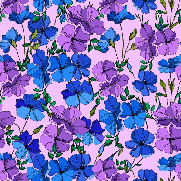 Vector Flax floral botanical flowers. Blue and violet engraved ink art. Seamless background pattern. — Stock Vector