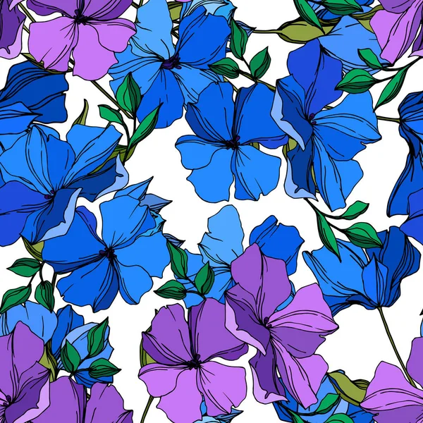 Vector vlas bloemen botanische bloemen. Blauw en Violet gegraveerd Ink Art. Naadloos achtergrond patroon. — Stockvector