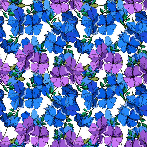 Vector Flax floral botanical flowers. Blue and violet engraved ink art. Seamless background pattern.