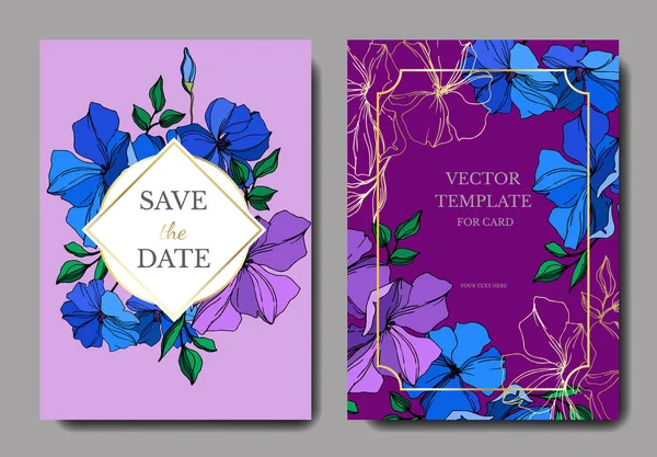 Vector Flax flores botánicas florales. Arte de tinta grabada violeta y azul. Boda tarjeta de fondo borde decorativo . — Vector de stock